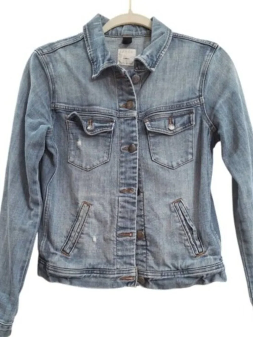 J. Crew womens Light Wash Distressed Denim Jacket Classic Fit X-Small